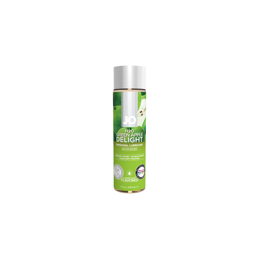 Bottle of 'Green Apple Delight' lubricant on a white background