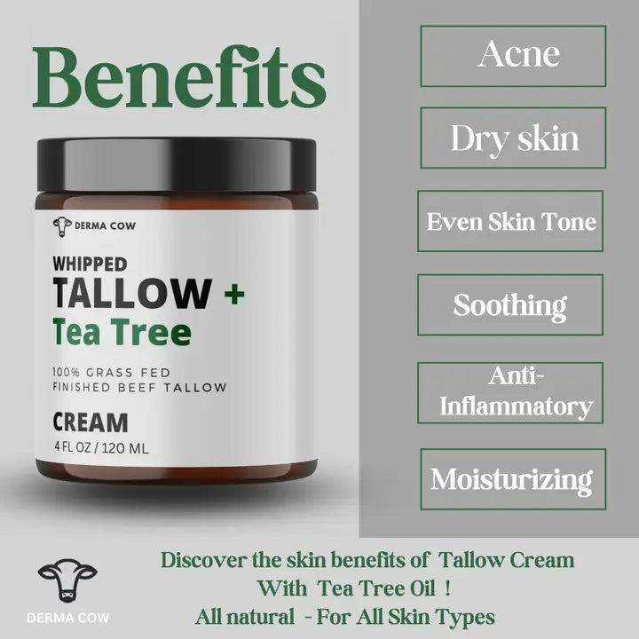 Whipped Tallow Cream + Tea Tree, 100% Grass Fed Beef Tallow
