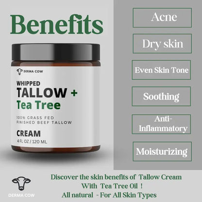 Whipped Tallow Cream + Tea Tree, 100% Grass Fed Beef Tallow